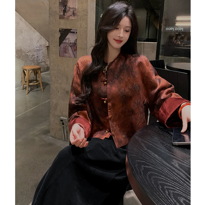 2024秋季大码女装新中式国风暗纹上衣盘扣外套＋阔腿裤牛仔两件套