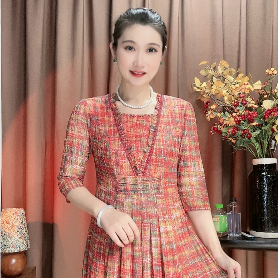 S 1365#新款秋冬装修身显瘦过膝款妈妈装连衣裙