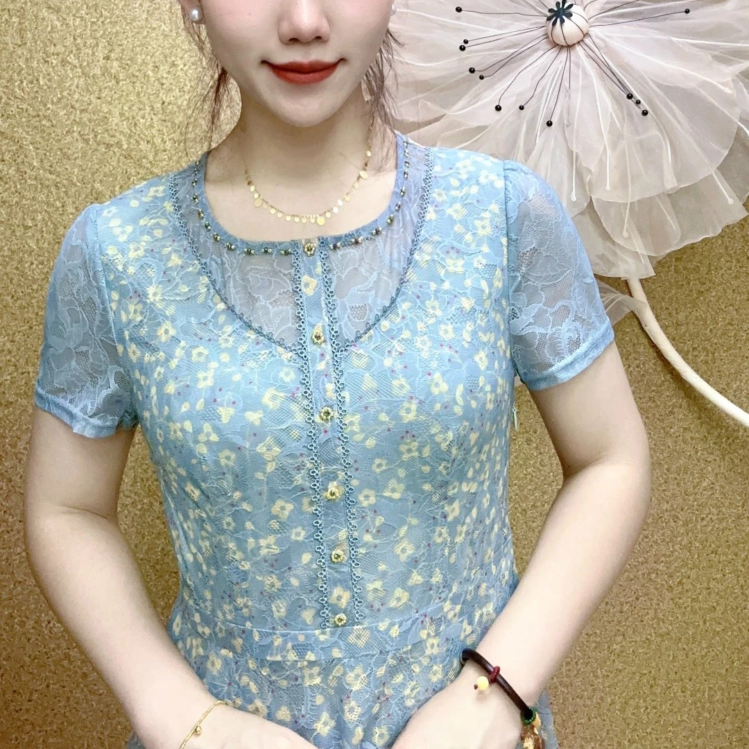 761#2023夏季遮肚时尚女装连衣裙妈妈装短袖波点修身妈妈装显瘦