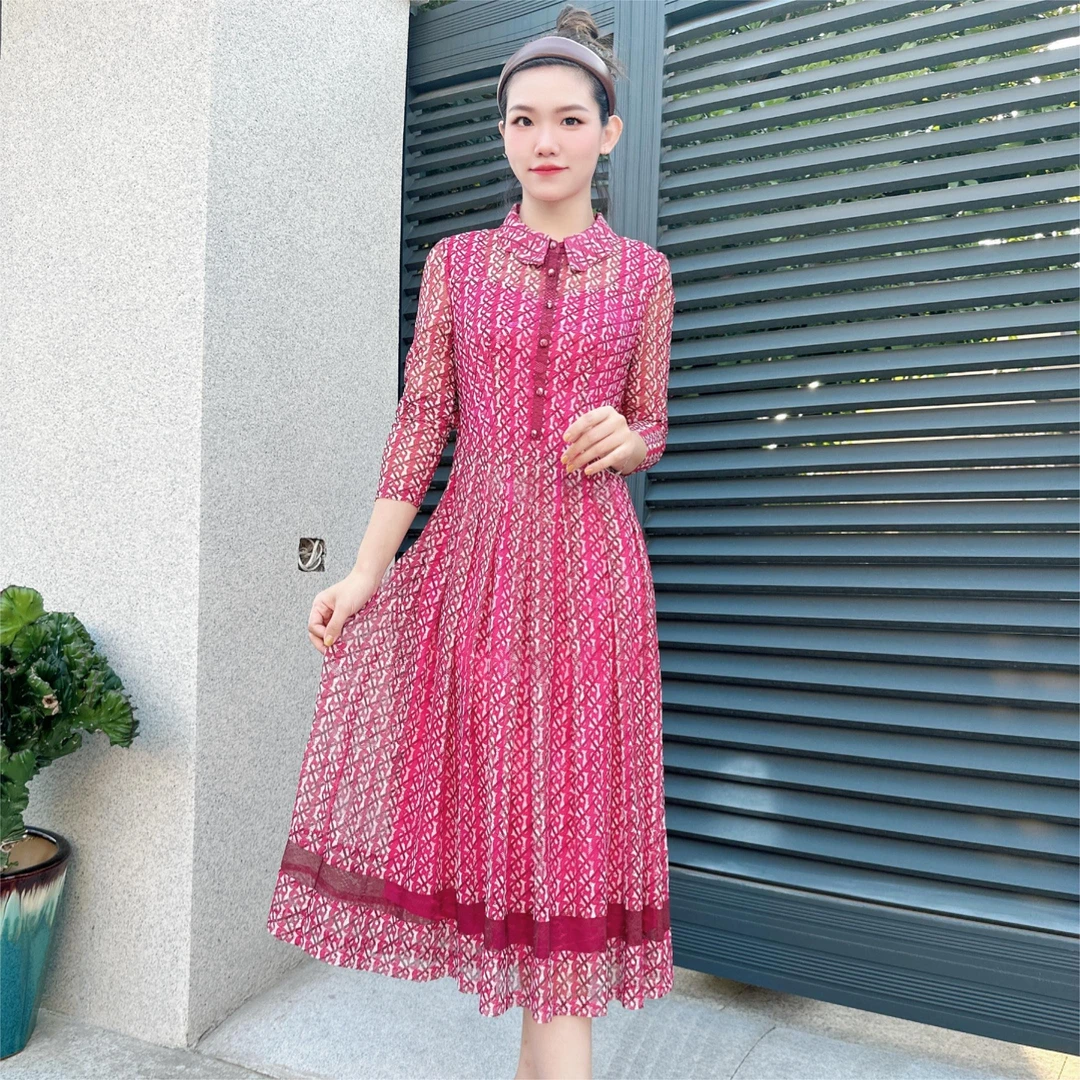 935#妈妈装长袖修身时尚优雅气质娃娃领显瘦减龄印花百褶裙连衣裙