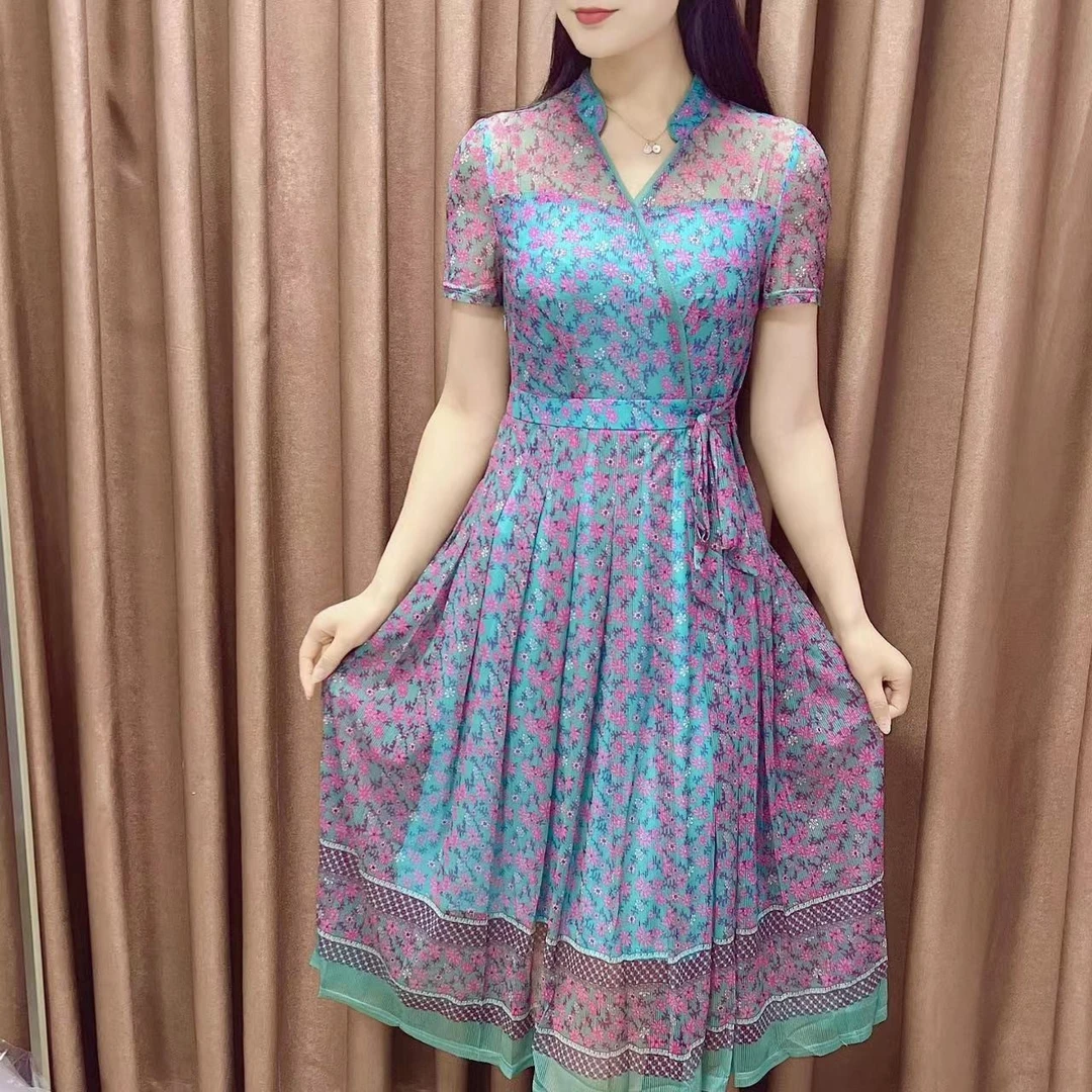 S 1065#夏季显瘦短袖妈妈装中长裙时尚优雅气质女装印花连衣裙