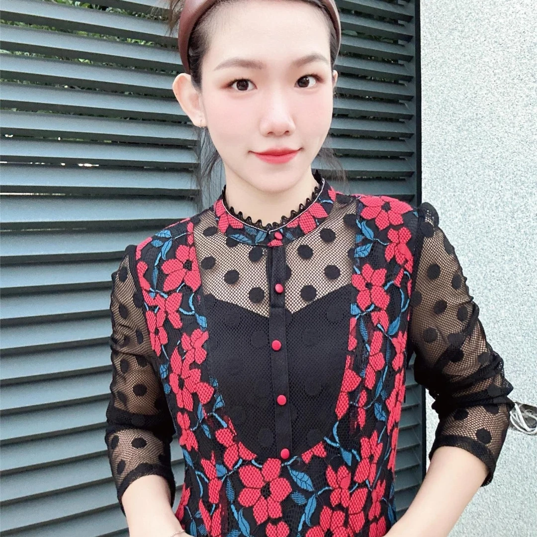 979#黑底红花蕾丝拼接中长裙贵气显瘦长袖妈妈装修身时尚连衣裙