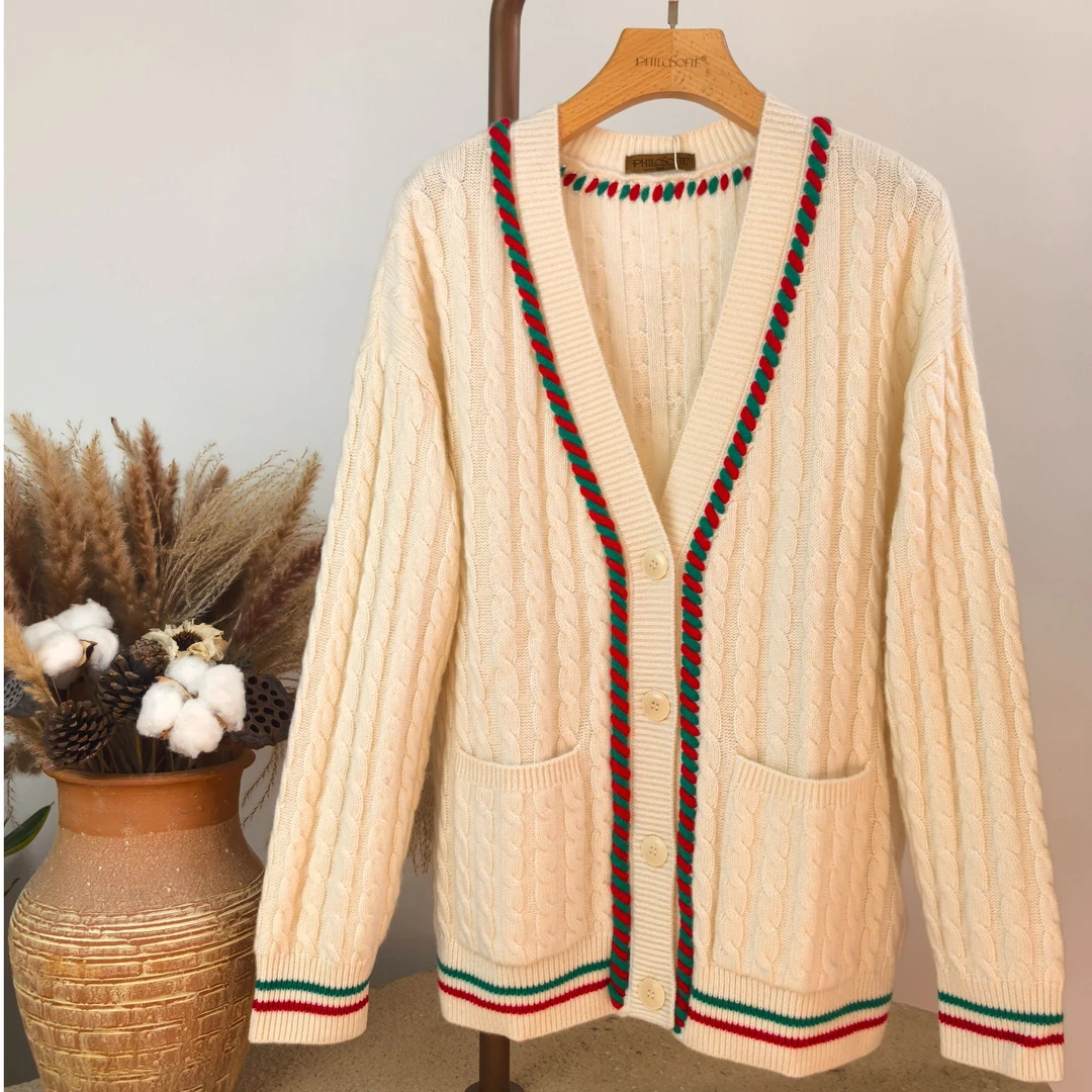 菲洛索菲圣诞款100%山羊绒绞花中长宽厚开衫