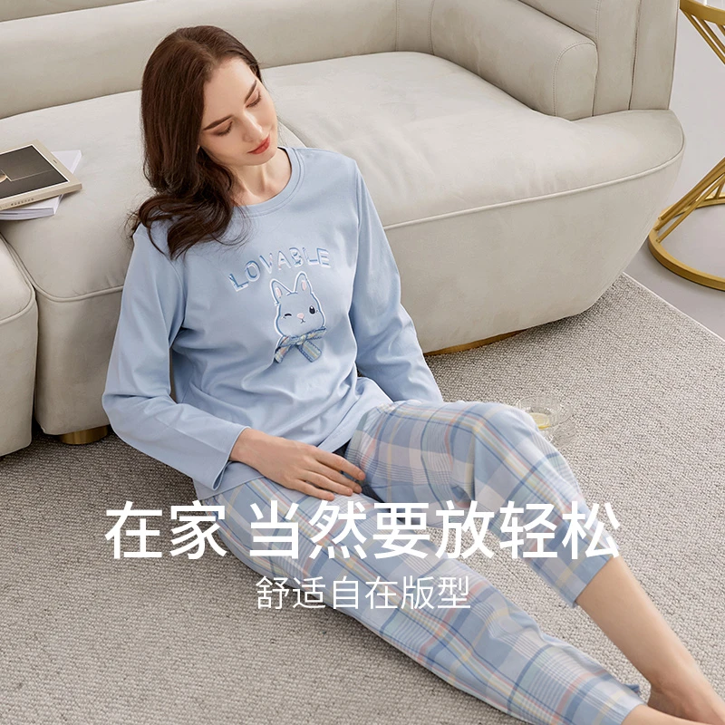 舒适大码宽松秋鹿家居服梭织格长袖长裤纯棉新款女士睡衣可外穿