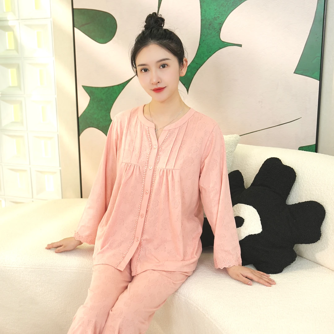 秋鹿[带胸垫]针织睡衣女春秋牡丹提花长袖女士大码宽松家居服套装