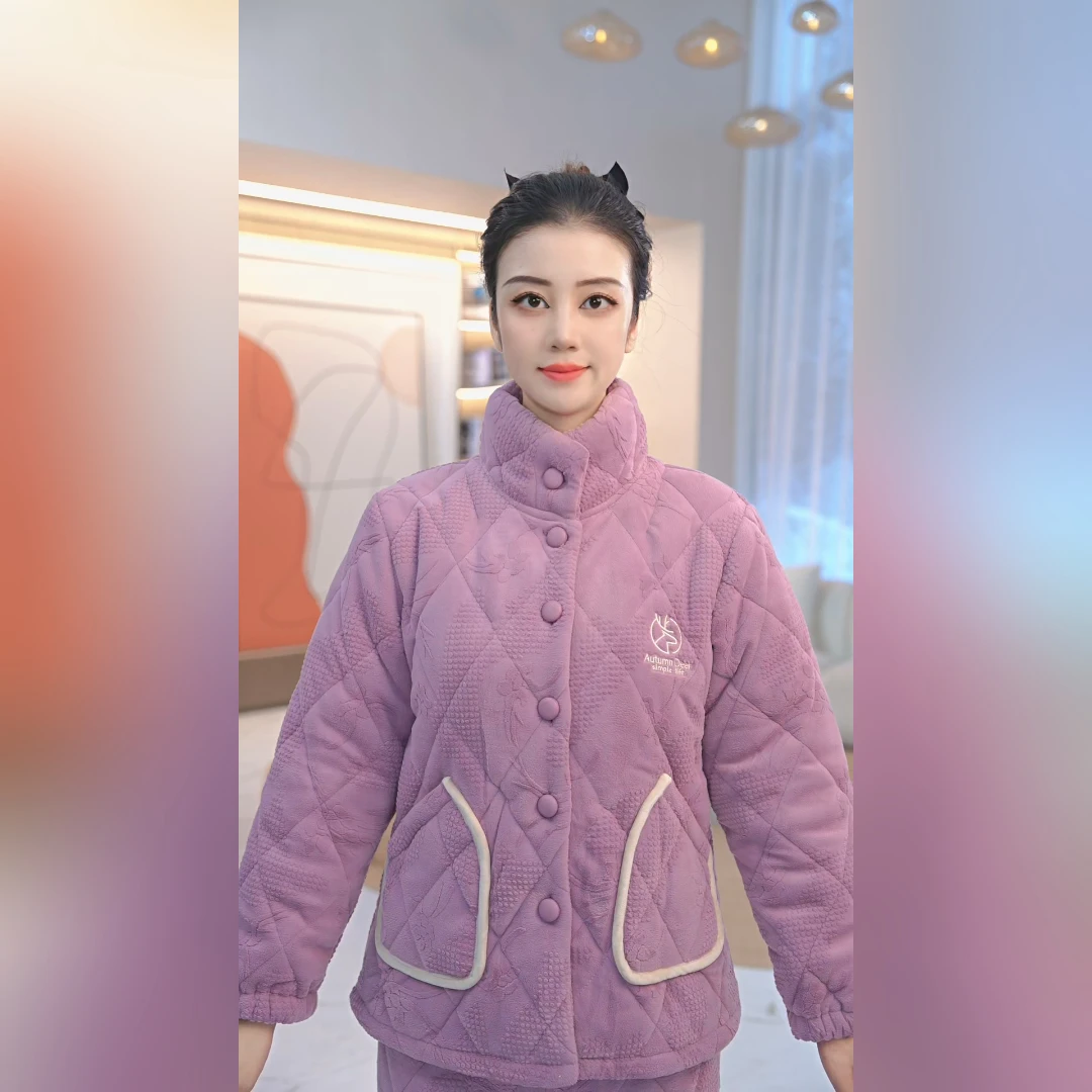 秋鹿海岛绒提花夹棉立领女套加绒保暖冬款居家服