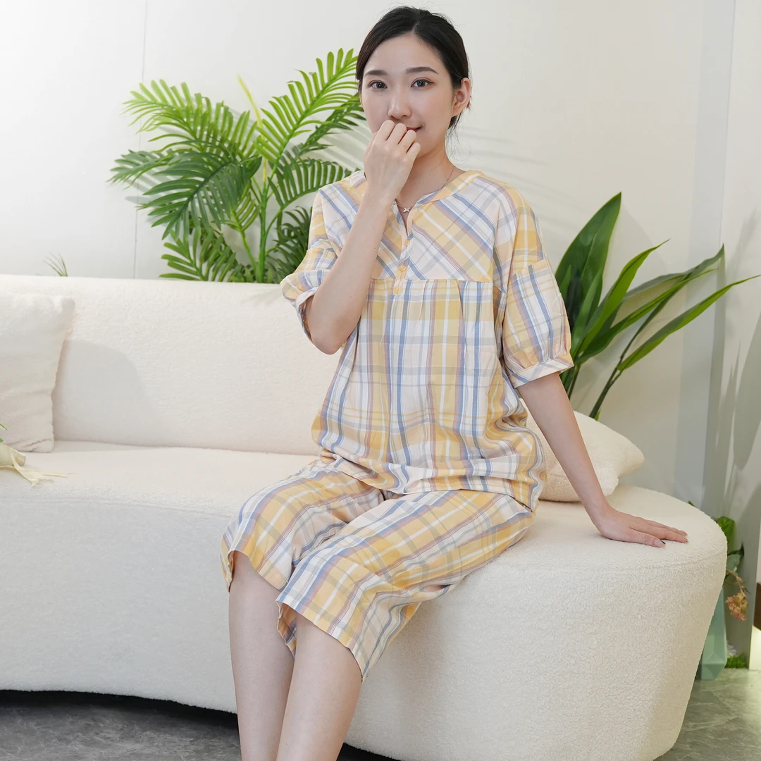 秋鹿宽松【新款】梭织v领大码套头撞色夏天短袖七分裤家居服套装