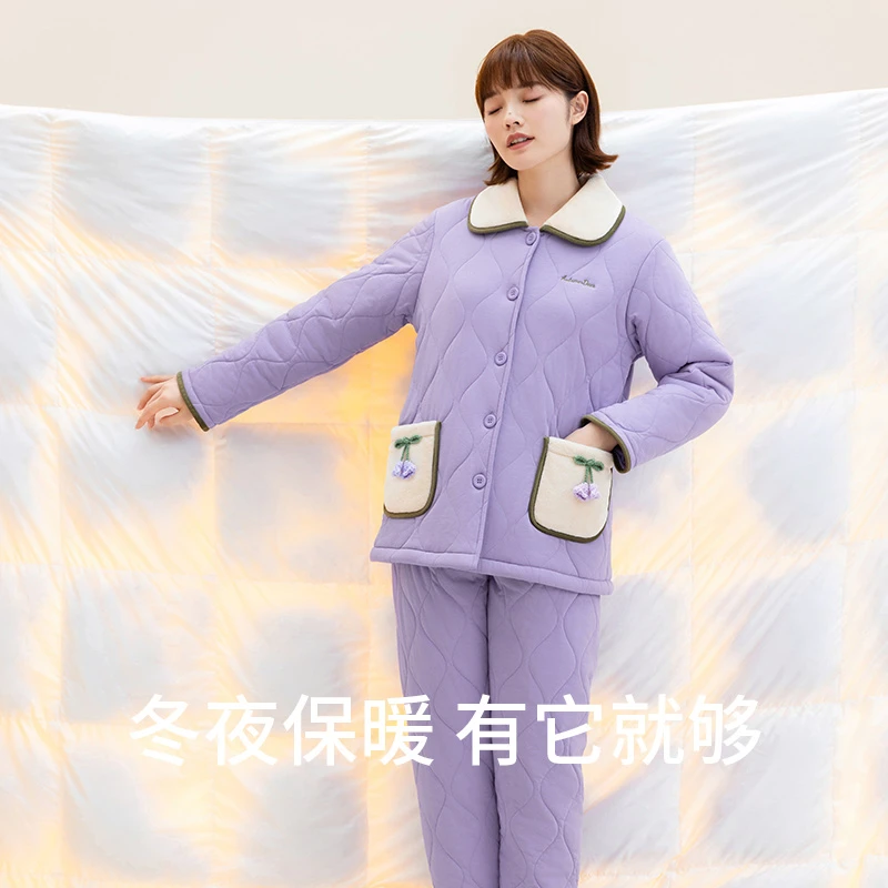 秋鹿三层加厚夹棉睡衣女套装秋冬甜美长袖加厚防寒保暖女士家居服
