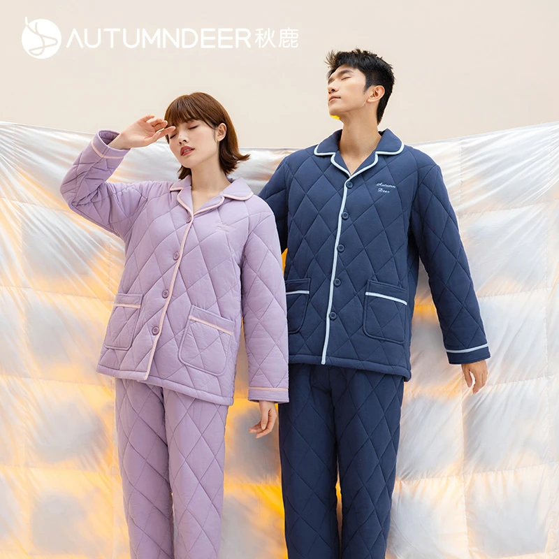 秋鹿夹棉加绒保暖睡衣女秋冬加厚大码格子国民领长袖情侣家居服男