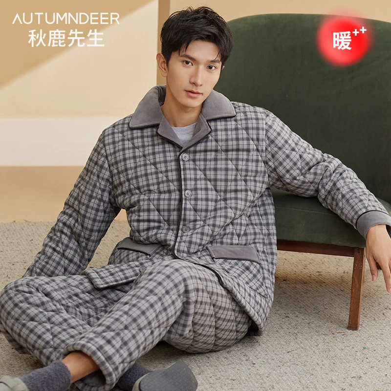 秋鹿先生【防静电】三层加厚纯棉睡衣男2024秋冬新款高级感家居服