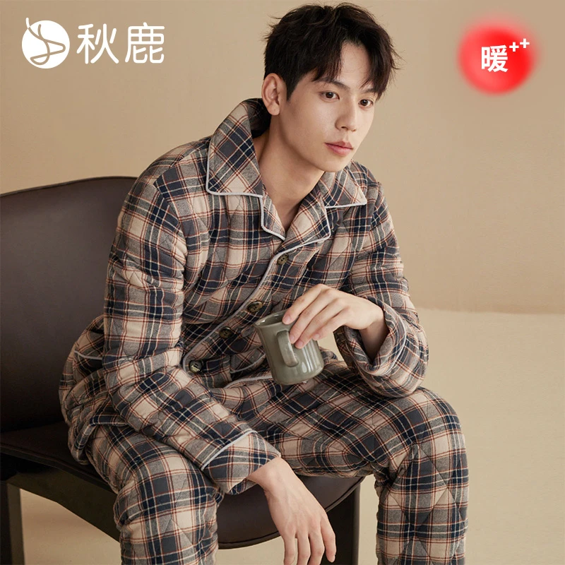 秋鹿先生【防静电】法兰绒三层加厚夹棉睡衣男秋冬新款格子家居服