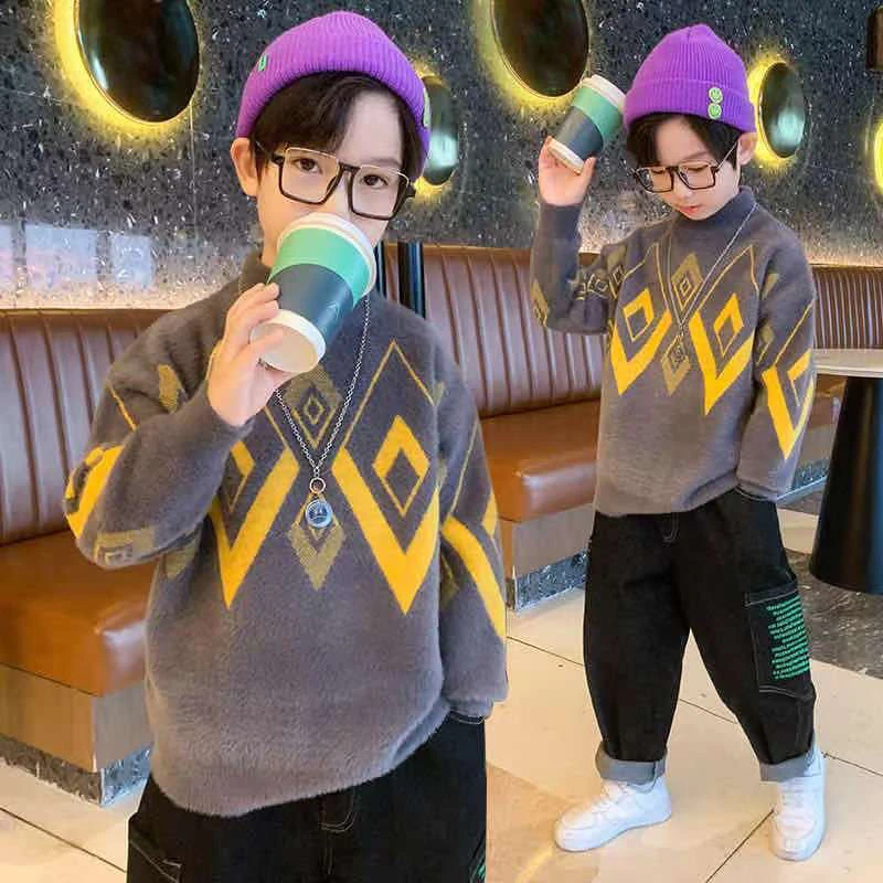 男童毛衣水貂绒秋冬款加厚2024新款中大童打底衫加绒男孩毛线衣