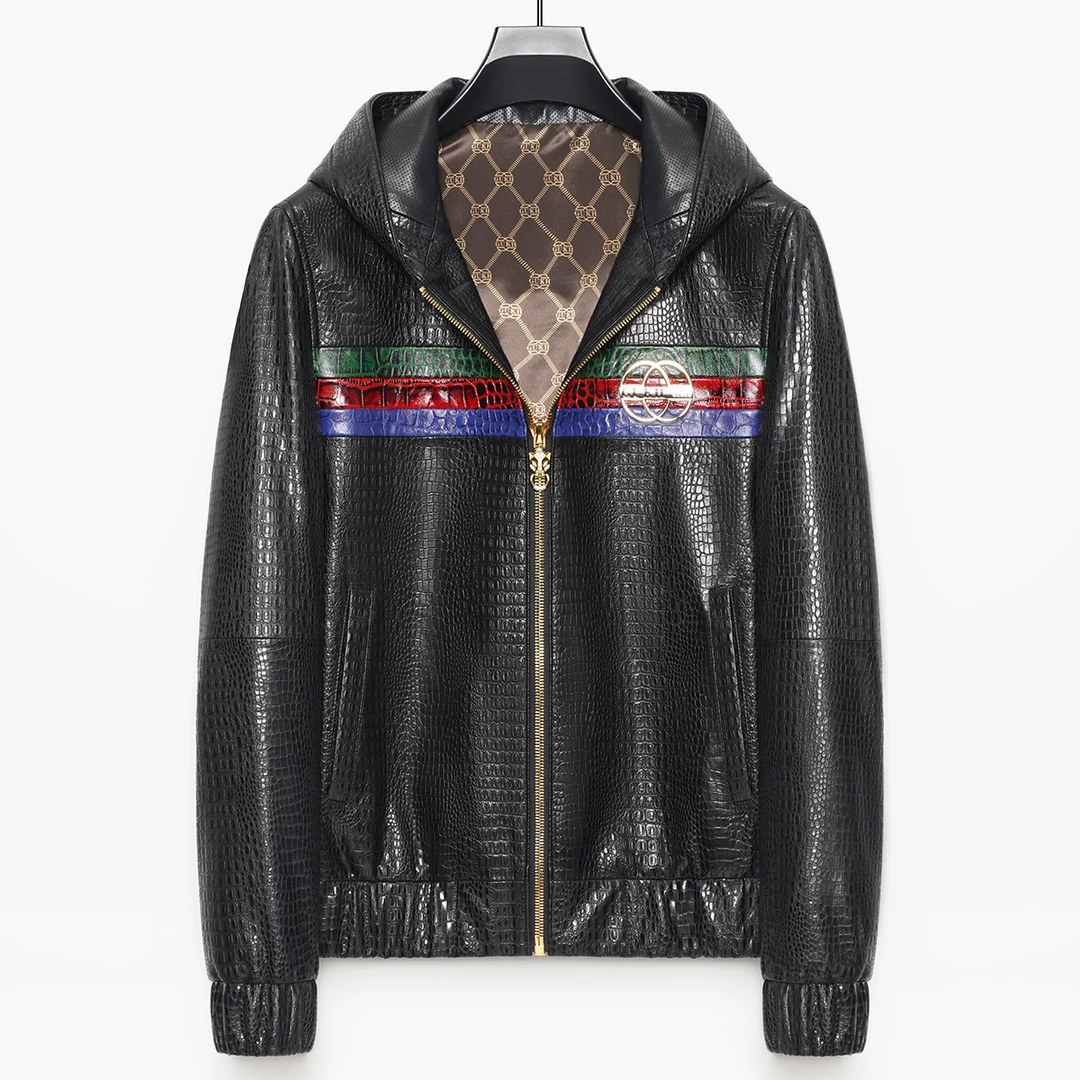 【棋晟男装】海宁春秋连帽真皮夹克新款休闲短款男士保暖外套HN9571