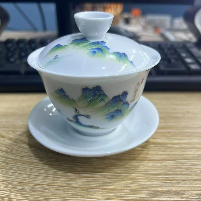 青绿江山盖碗A111111