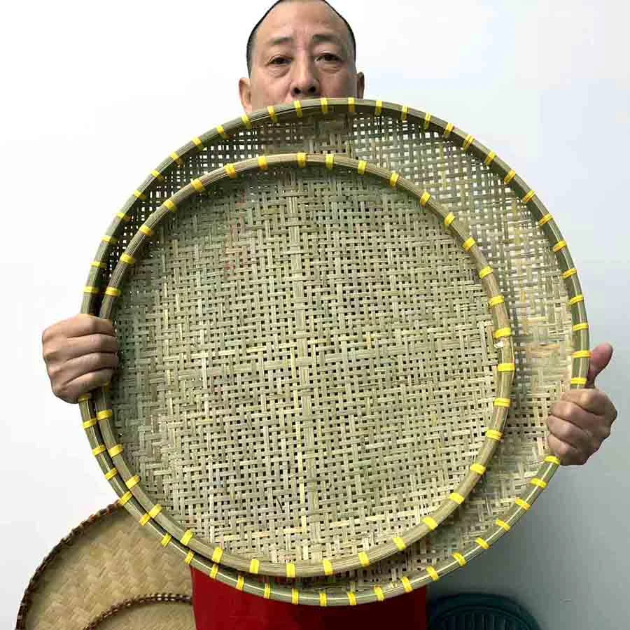 竹青簸箕家用晾晒盘晒干货带孔手工客厅圆形阳台传统户外镂空竹编