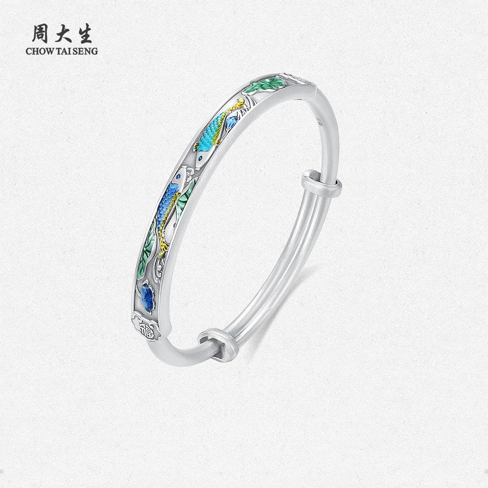 足银手镯 周大生连年有余s990足银推拉可调节年年有鱼雕花镯子