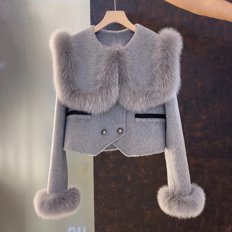 韩系大翻领毛呢外套毛绒短款高腰设计秋冬新款时尚百搭小个子冬季