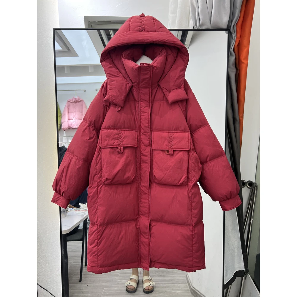 波司澄2023年韩版反季新款羽绒服女中长款连帽白鸭绒过膝加厚宽松