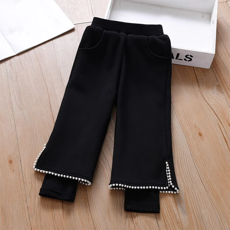 女童冬款加绒裤子2025新款韩版洋气黑色钉珠阔腿假两件女孩休闲裤
