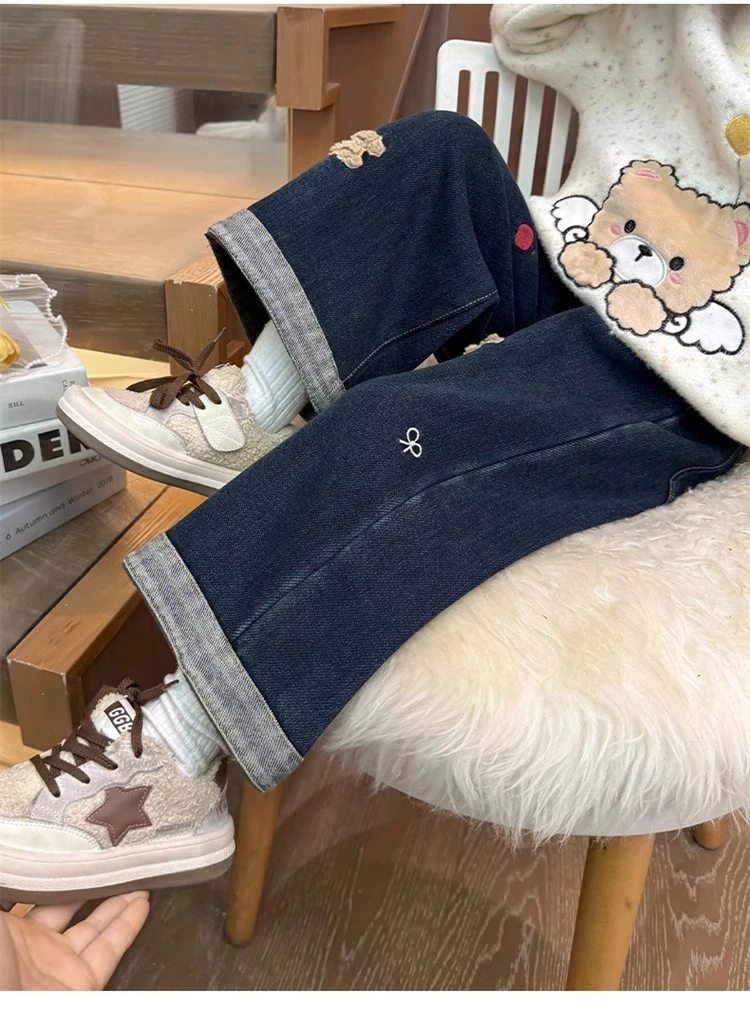 韩版童装女童裤子冬季2025新款洋气儿童牛仔裤宝宝加绒直筒阔腿裤