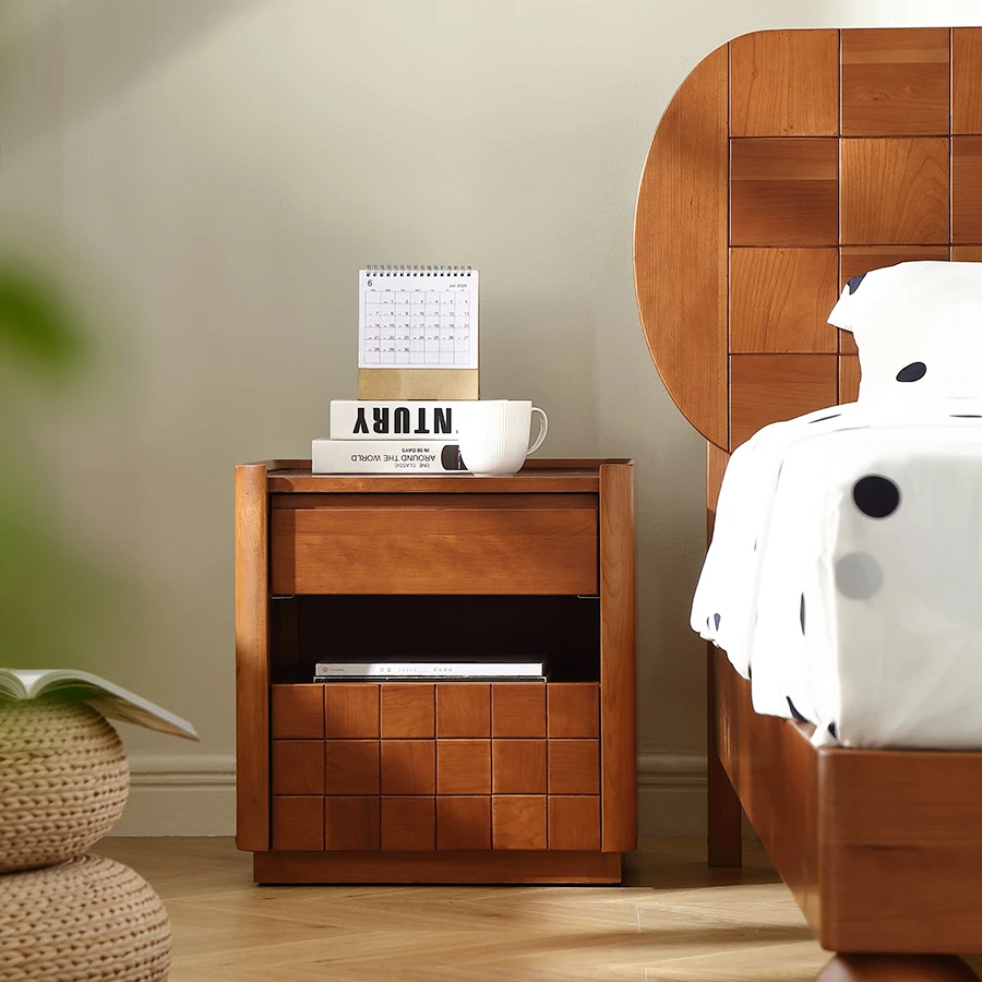 DS-Y500#【中古风】方糖床头柜樱桃木全实木抽屉式(480*450*500H)