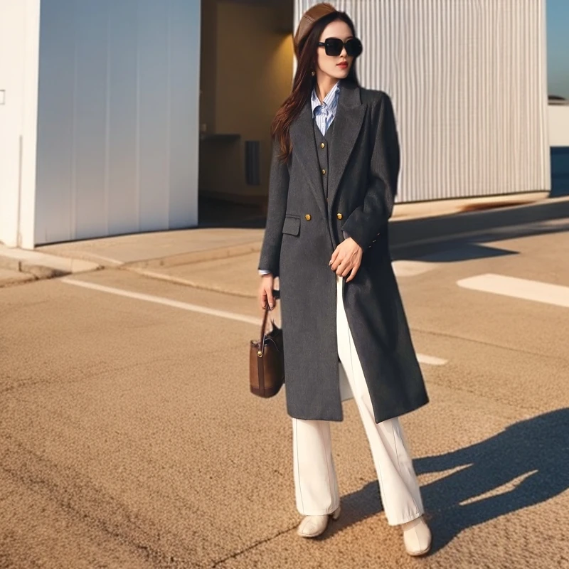秋冬新款长款内搭马甲假两件西装领毛呢大衣修身显瘦加厚保暖款