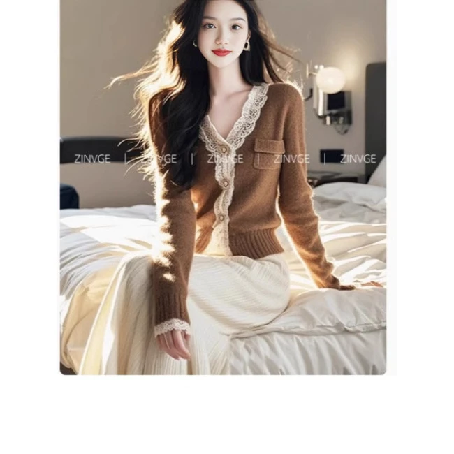 咖色针织衫上衣长裤气质两件套秋冬新款潮牌女装蕾丝轻奢洋气复古