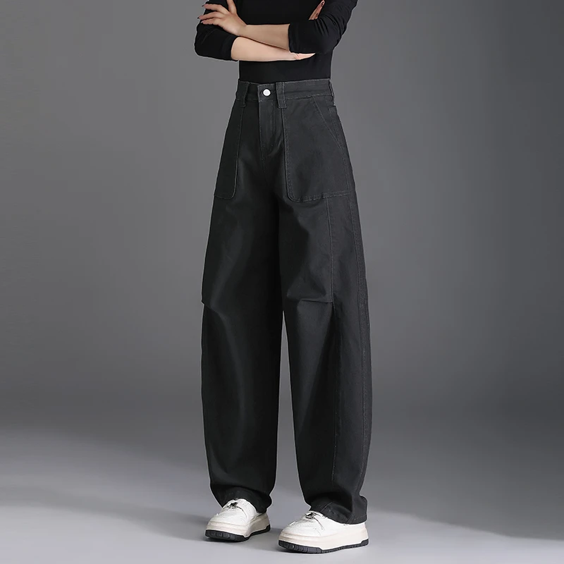 灰黑色弯刀牛仔裤窄版阔腿裤女款爆款2025新款大码微胖宽松显瘦裤
