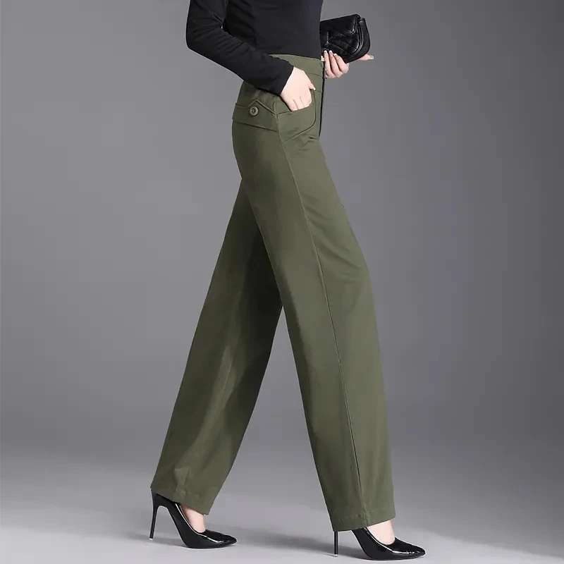 2025春秋新款高档休闲女裤高腰宽松显瘦阔腿裤萝卜裤军绿色休闲裤