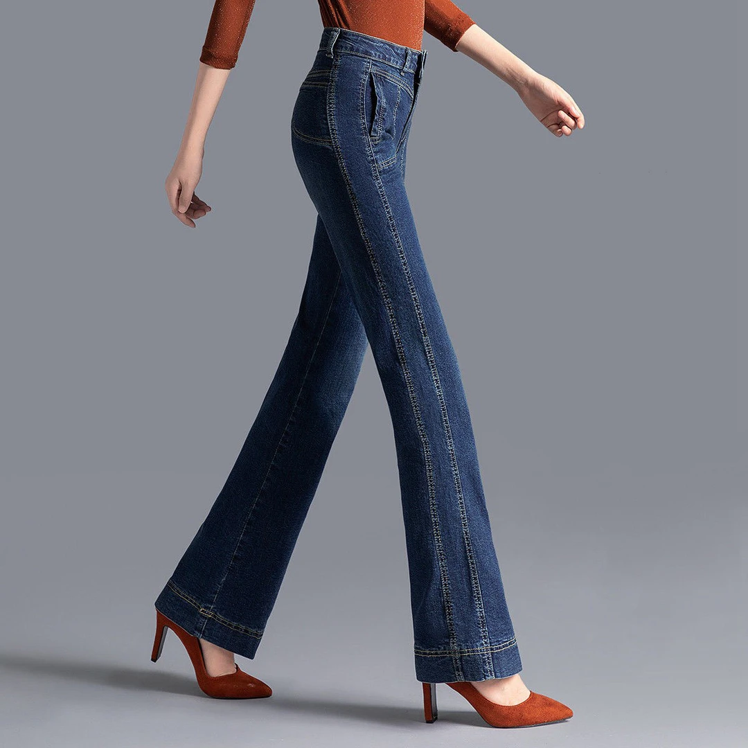 高腰窄版直筒微喇牛仔裤女2025春秋新款微喇裤大码显瘦休闲直筒裤