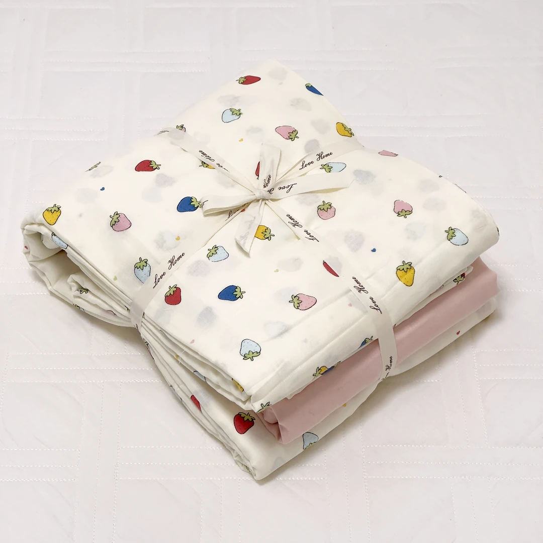 【京かわ会社】全棉双层纱纯棉母婴级A类有氧纱四件套 草莓爱心