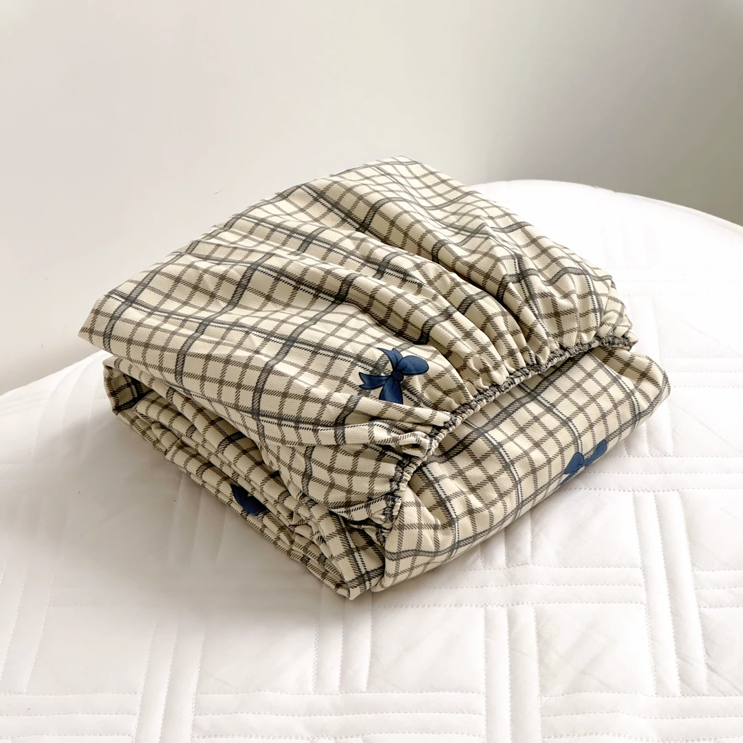 【京かわ会社】磨毛双层纱床笠 灰小格