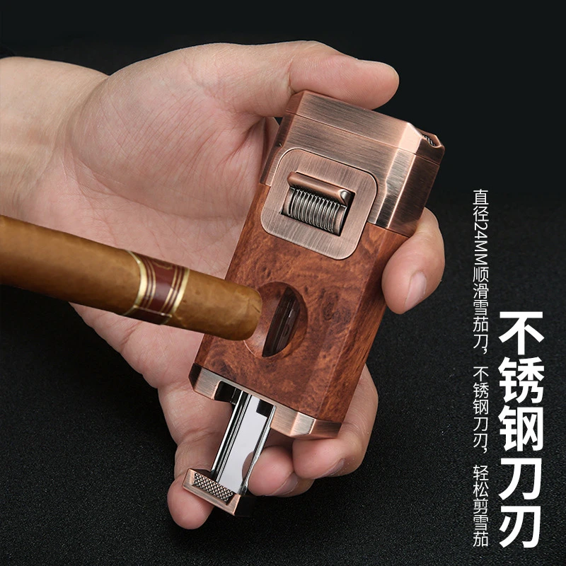 茄龙雪茄打火机三合一双直冲防风带雪茄剪雪茄托焊枪火机CB-24DAB