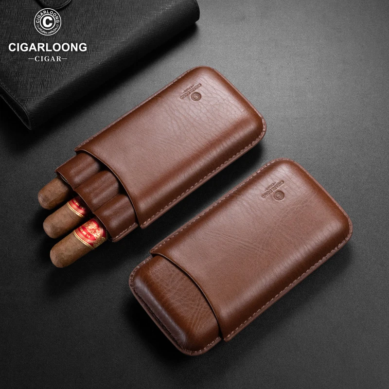 茄龙雪茄套头层皮革手工裁缝便携大口径雪茄盒 容量3支 CH-24ER2