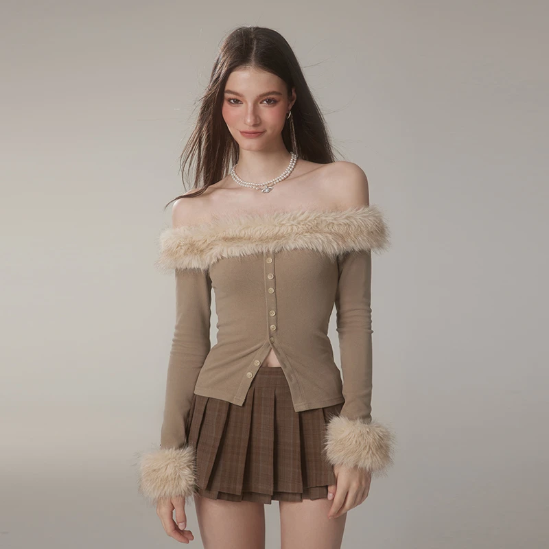 Mess Studio美式辣妹小众设计感毛毛一字肩上衣可挂脖两穿百搭女