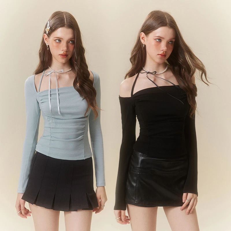 Mess Studio美式辣妹小众设计感挂脖方领打底长袖T恤温柔风修身女