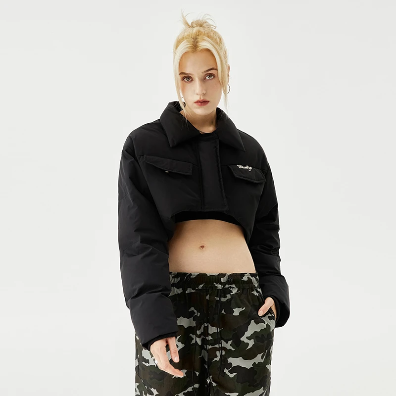 Mess Studio黑色短款棉服高级设计感小众美式百搭复古棉袄外套潮