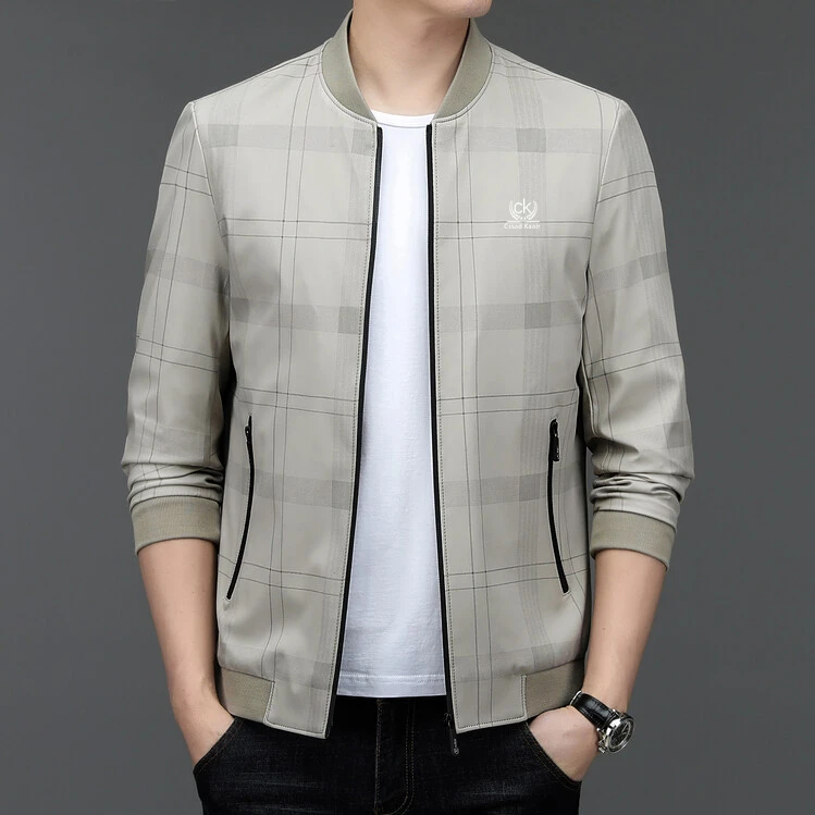 【海外直发】2023新款男士春秋夹克外套棒球领时尚格子男士商务休闲