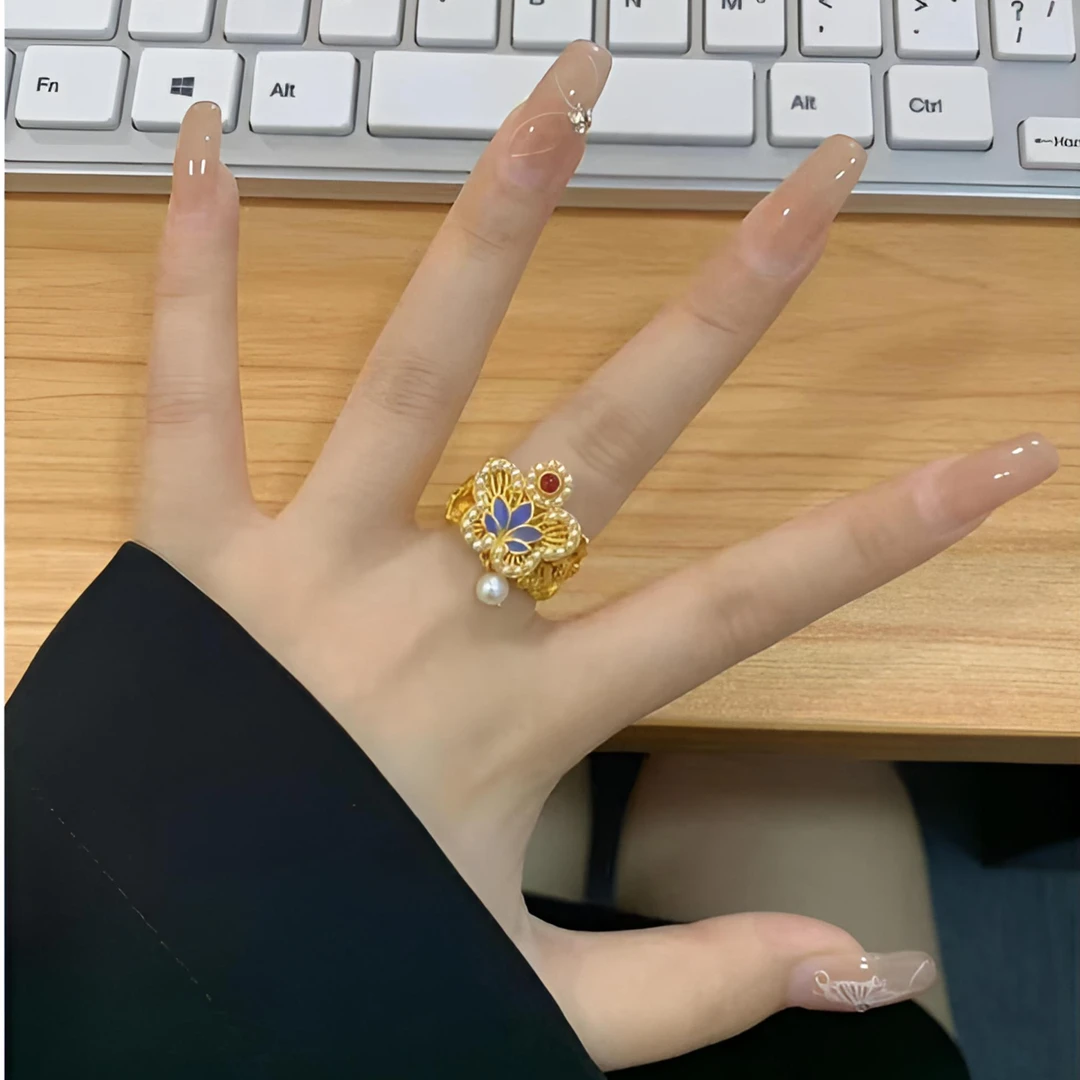 铜合金戒指 新中式黄金色国潮花丝蝴蝶戒指时尚气质高级感指环