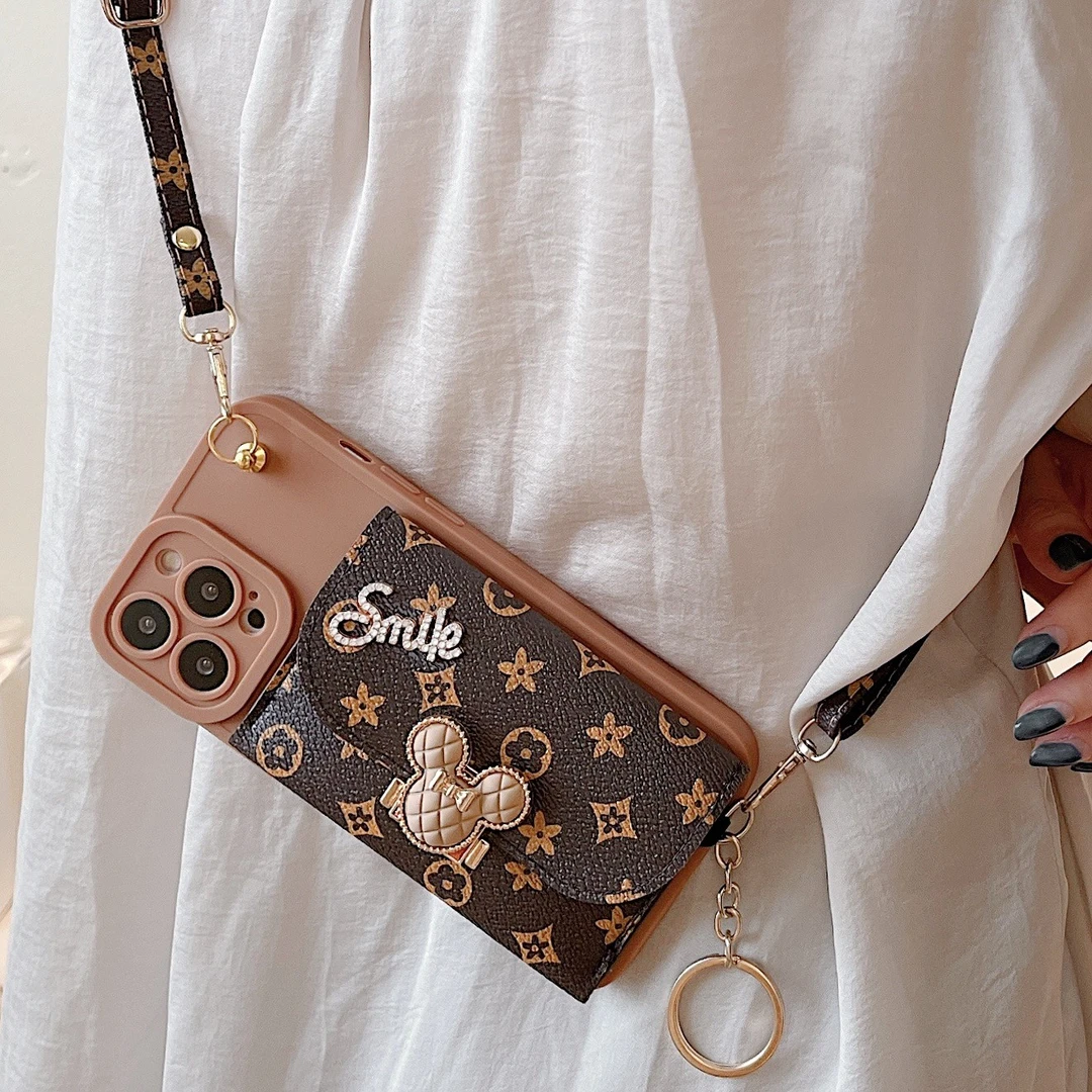 【苹果/华为/vivo/oppo/小米】立体金边小熊皮质卡包斜挎绳手机壳