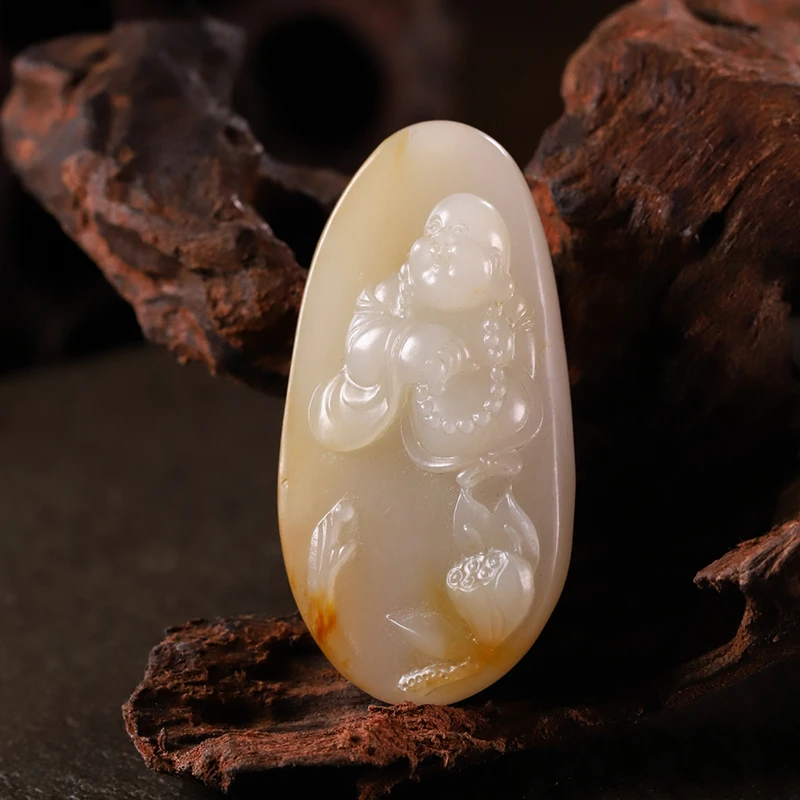 特惠洒金皮独籽弥勒佛挂件19g在售和田玉籽料玉质细油膏黄白种