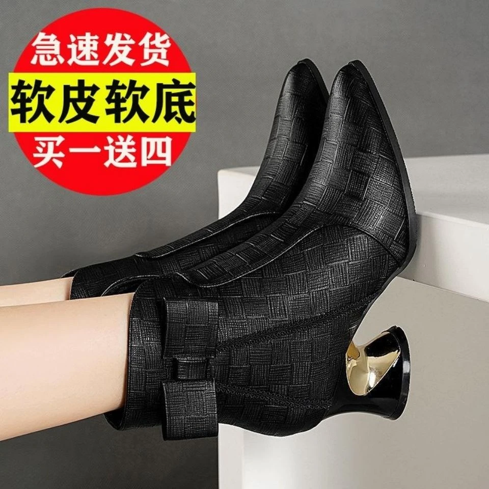 欧美正品真软皮气质粗跟短靴女中跟尖头短筒马丁靴侧拉链高贵短筒