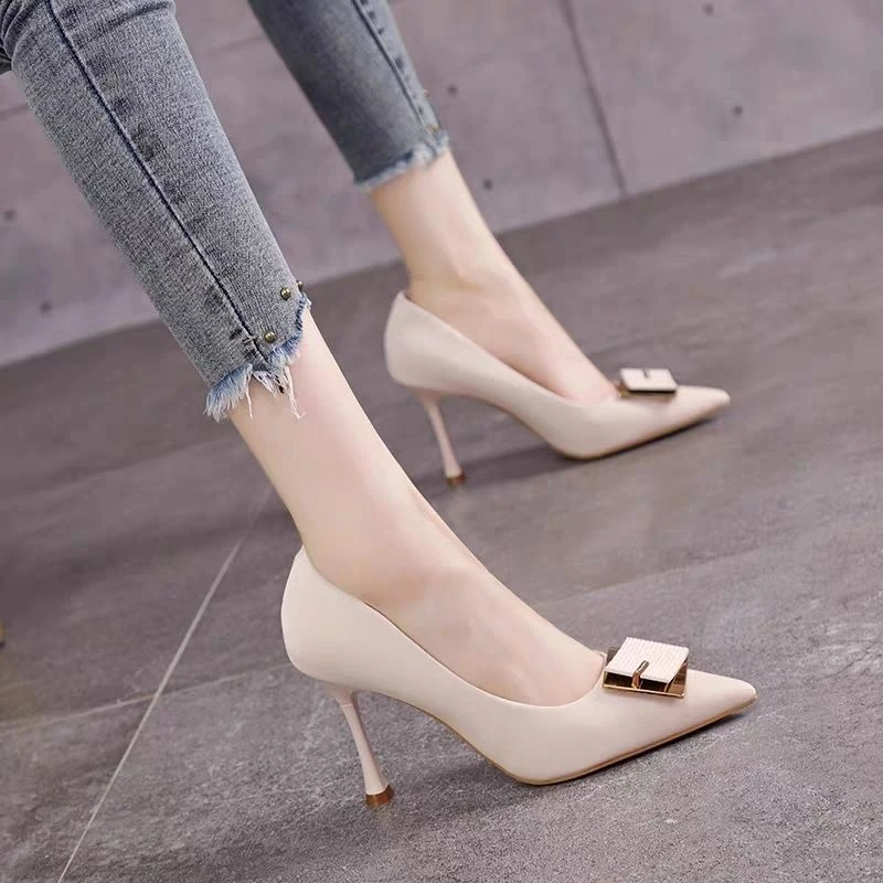2024新款春秋软皮高跟鞋女中跟浅口尖头百搭细跟单鞋女职业工作鞋