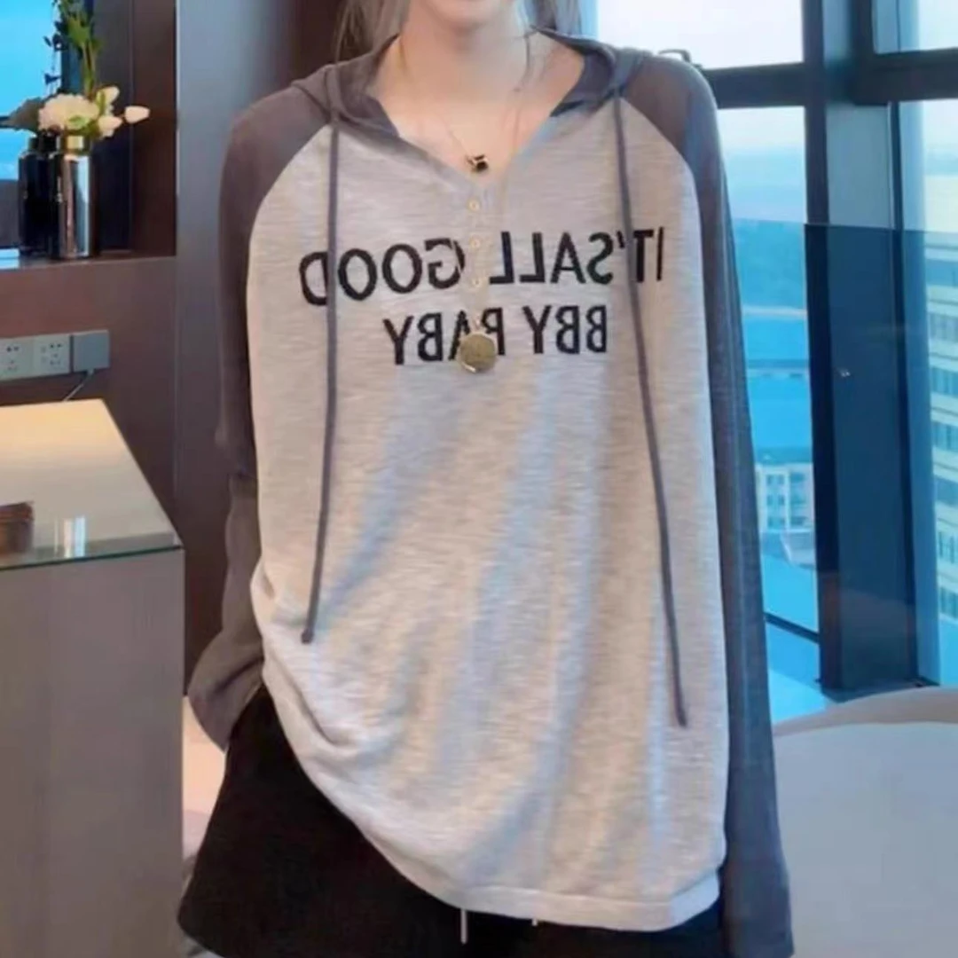 【竹节纱连帽】薄款夏季带帽宽松百搭休闲时尚显瘦春秋套头长袖洋气