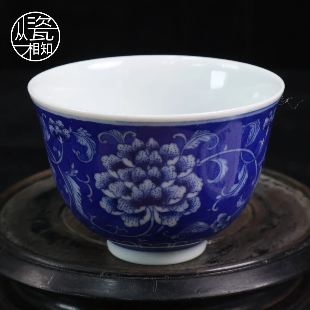 朴真堂 蓝地缠枝牡丹系列 景德镇青花瓷 纯手工手绘 高端名窑盖碗