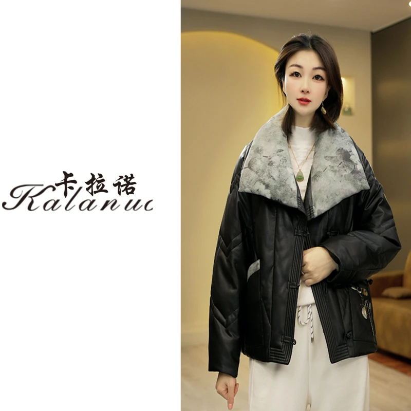 【卡拉诺】2024冬季新款国风真皮翻领刺绣新中式短款皮羽绒9088