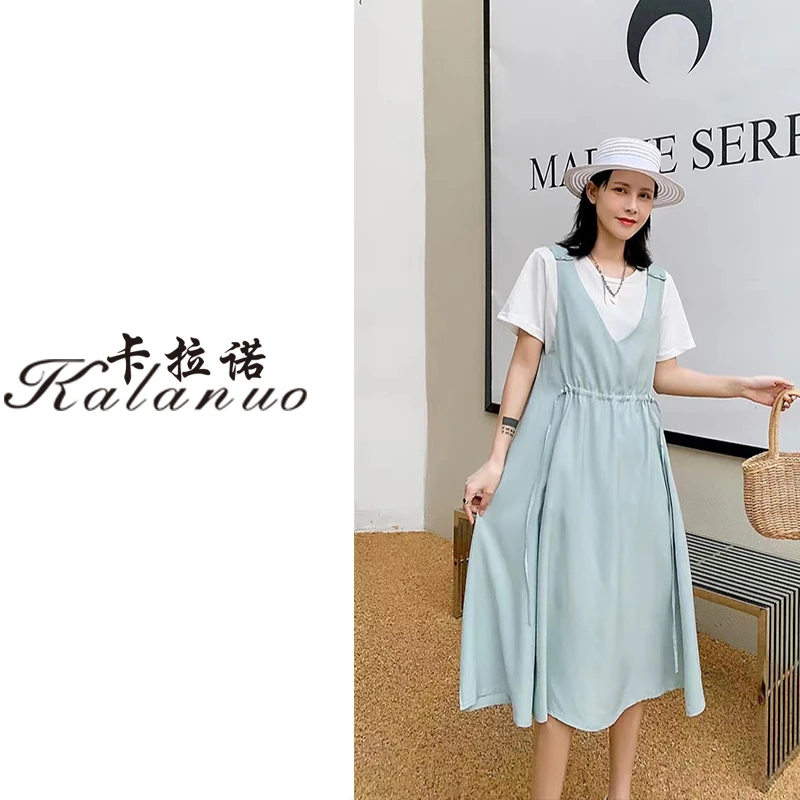 【卡拉诺】时尚夏季气质显瘦圆领小众拼接假两件连衣裙 C-2263