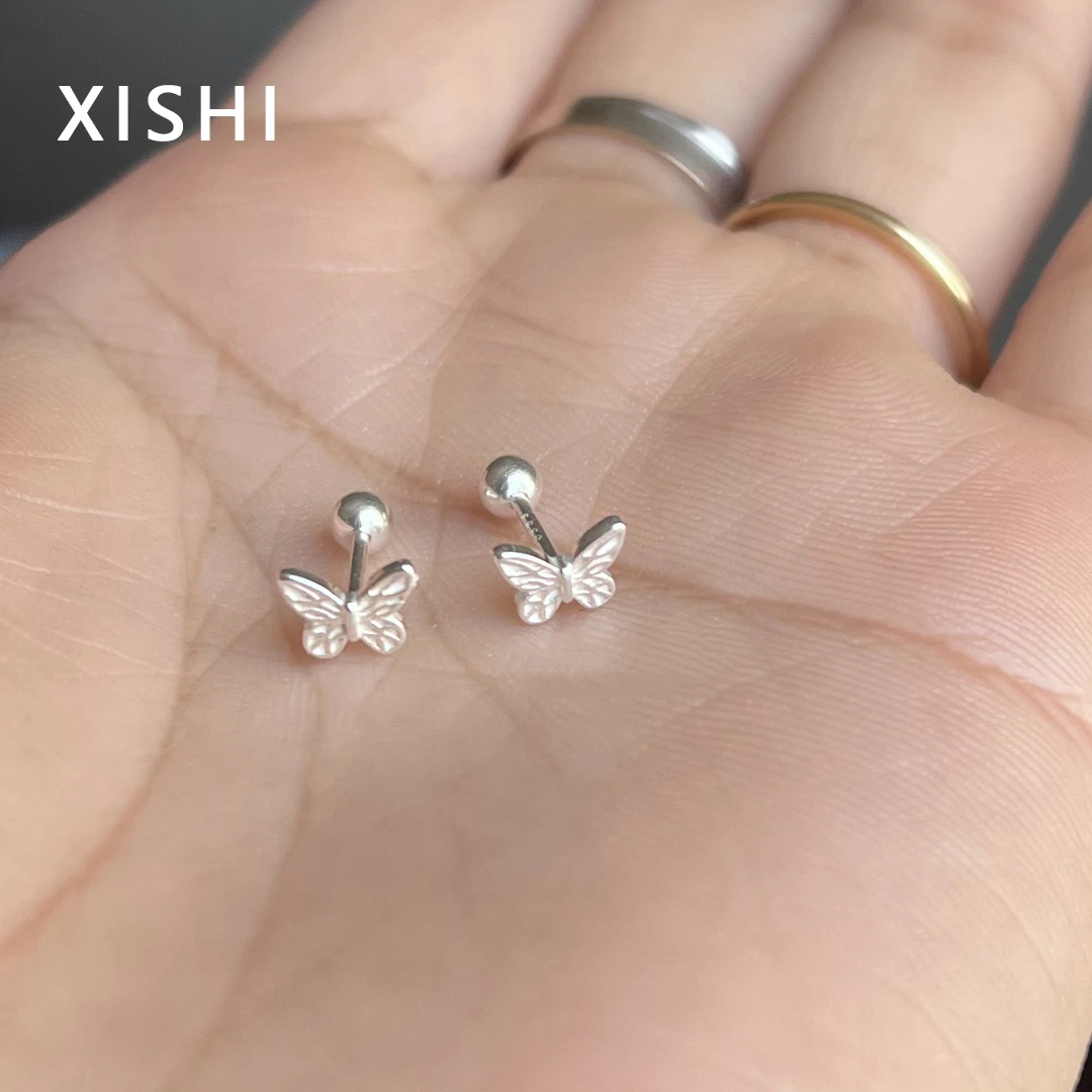 足银耳饰 秋冬高级感小巧螺纹蝴蝶耳钉纯银999女款小众设计感耳环