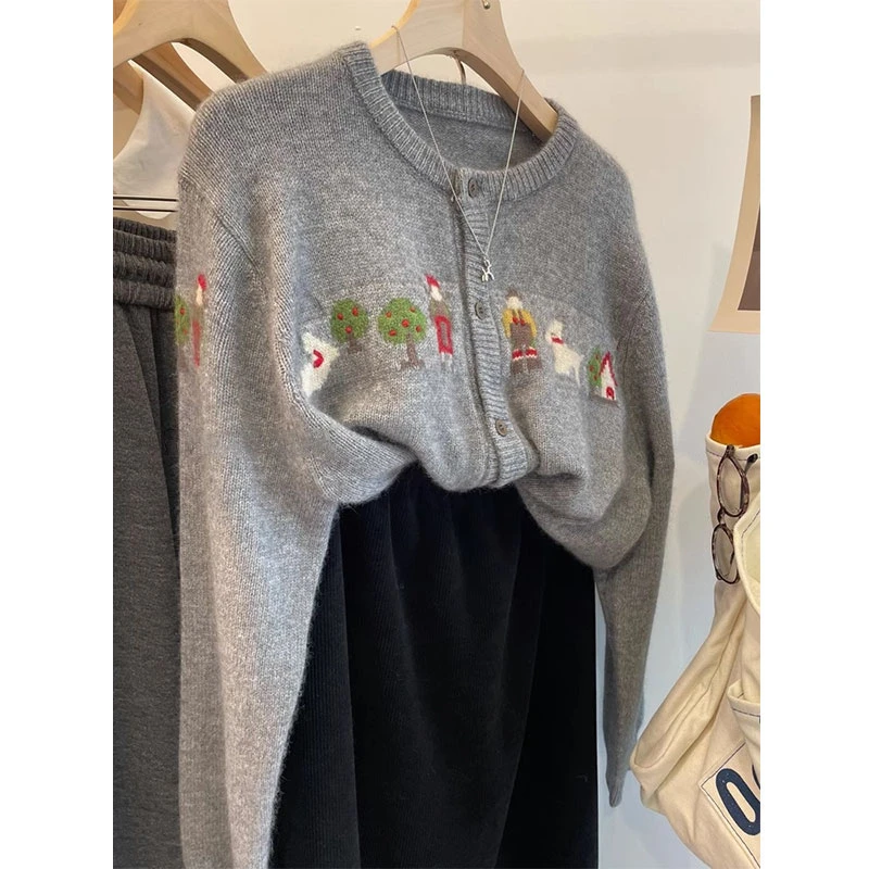 【现货闪发】卡通提花圆领针织衫开衫女春装款简约通勤长袖毛衣外套