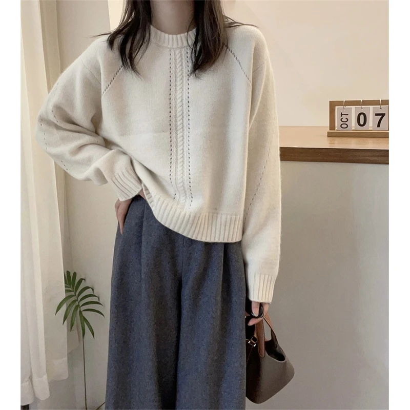 2023春季时尚宽松竖条纹小个子长袖圆领毛衣欧货短款慵懒风针织衫